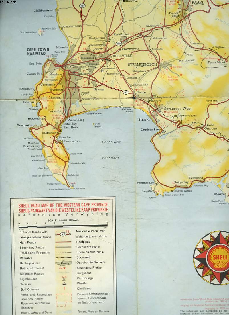 SHELL ROAD MAP OF THE CAPE PENINSULA AND WESTERN CAPE PROVINCE / SHELL-PADKAART VAN DIE KAAPSE SKIEREILAND EN WES-KAAPLAND.