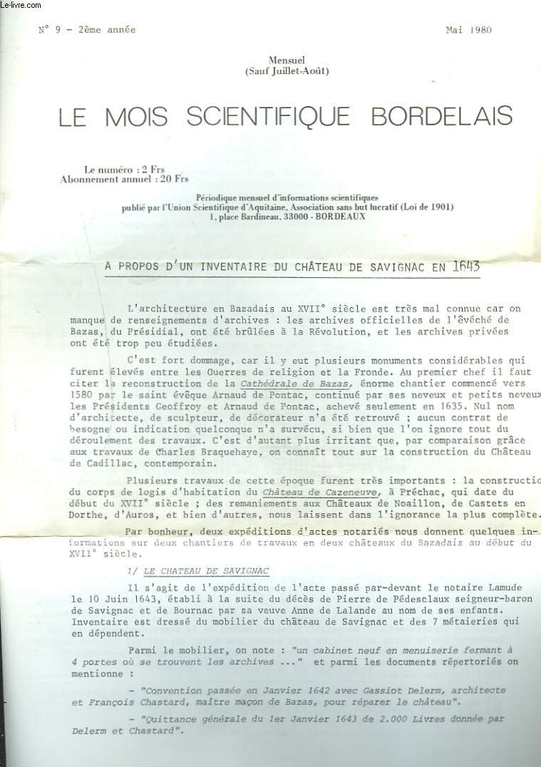 LE MOIS SCIENTIFIQUE BORDELAIS, 2e ANNEE, N9, MAI 1980. A PROPOS D'UN INVENTAIRE DU CHTEAU DE SAVIGNAC EN 1643.