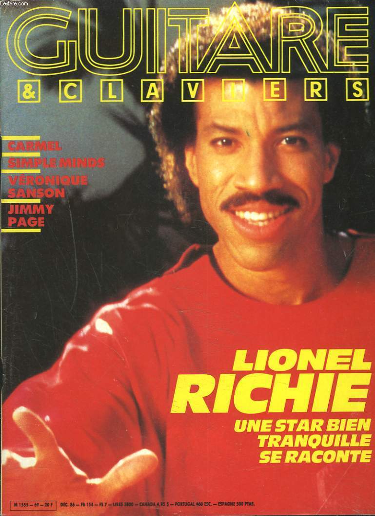 GUITARE ET CLAVIERS, DECEMBRE 1986. LIONEL RICHIE, UNE STAR BIEN TRANQUILLE SE RACONTE / CARMEL / SIMPLE LMINDS / VERONIQUE SANSON / JIMMY PAGE....