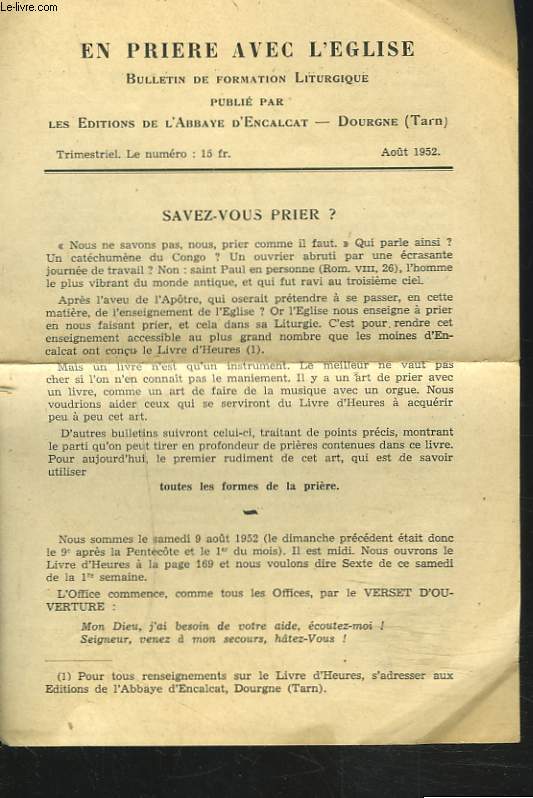 EN PRIERE AVEC L'EGLISE, BULLETIN TRIMESTRIEL DE FORMATION LITURGIQUE, AOUT 1952.