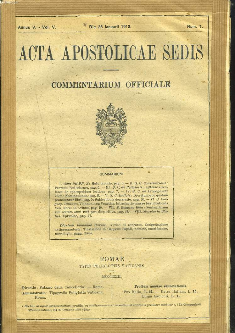 ACTA APOSTOLICAE SEDIS. COMMENTARIUM OFFICIALE. ANNUS V, VOL V. 1913. (N1  19).