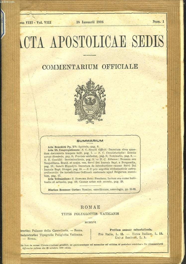 ACTA APOSTOLICAE SEDIS. COMMENTARIUM OFFICIALE. ANNUS VIII, VOL VIII. 1916. (N1  14).