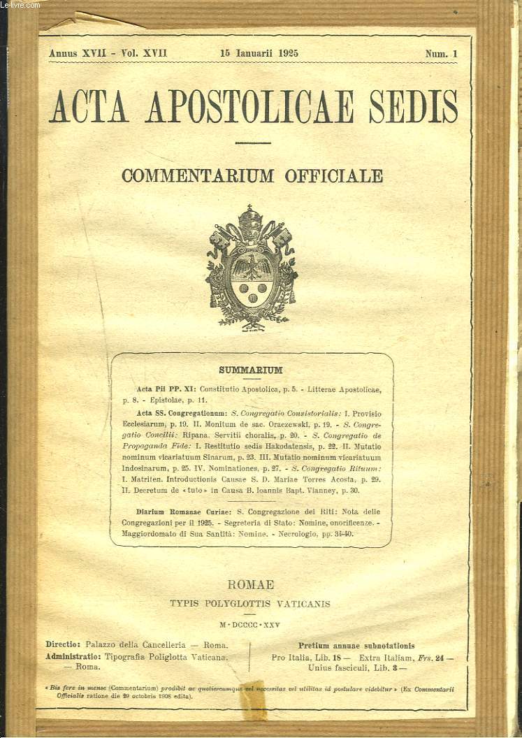 ACTA APOSTOLICAE SEDIS. COMMENTARIUM OFFICIALE. ANNUS XVII, VOL XVII. 1925. (N1  15).
