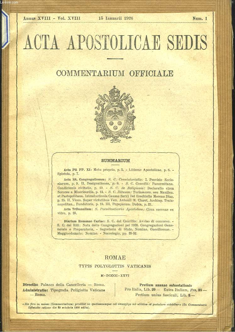 ACTA APOSTOLICAE SEDIS. COMMENTARIUM OFFICIALE. ANNUS XVIII, VOL XVIII. 1926. (N1  13).