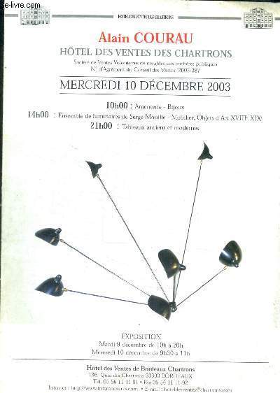 HOTEL DES VENTES DES CHARTONS - MERCREDI 10 DECEMBRE 2003 - ARGENTERIE / TABLEAUX ANCIENS / BIJOUX / MOBILIER