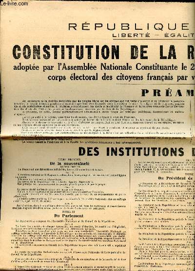 Rpublique franaise Constitution de la rpublique franaise adoptes par l'assemble nationale constituante le 29 septembre 1946 et soumise  l'approbation du corps lectoral des citoyens franais par voie de rfrendum le 13 octobre 1946.