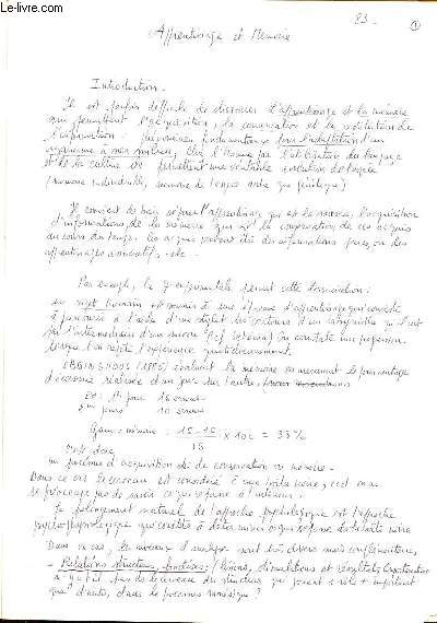 Apprentissage et mmoire Cahier manuscrit