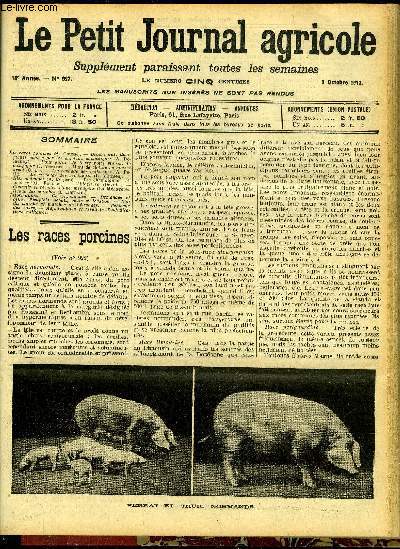 LE PETIT JOURNAL AGRICOLE N 927 - Les races porcines (A. Gauss). Droit rural; dommages causs par les animaux domestiques (A. Delaunay).