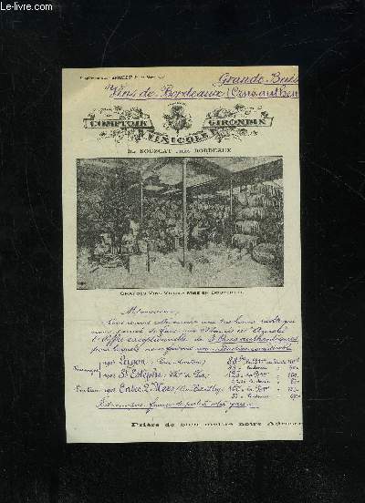 PRIX DES VINS COMPTOIR VINICOLE GIRONDIN 1905