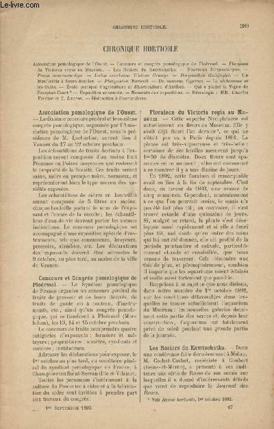 LA REVUE HORTICOLE 1893 N 17 - 1er sept. - Association pomologique de l'ouest - Concours et congrs pomologique de Plormel - Floraison du victoria regia au musum - Les rosiers du Kamtschatka - Nouveaux streptocarpus - Un Montbrtia  fleurs doubles