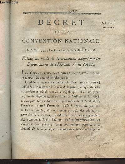 Dcret de la Convention Nationale, n820 - Du 6 mai 1793, l'an second de la rpublique franoise, relatif au mode de recrutement adopt par les dpartemens de l'Hrault & de l'Aude