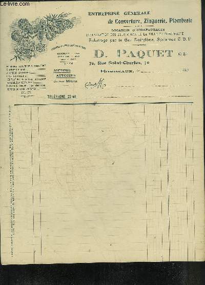 UNE FACTURE VIERGE DE 4 PAGES DE D.PAQUET ENTREPRISE GENERALE DE COUVERTURE ZINGUERIE PLOMBERIE.