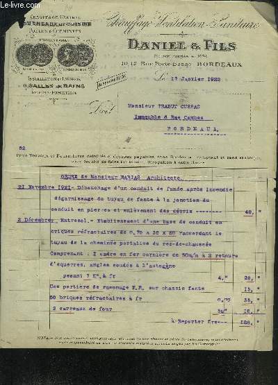 UNE FACTURE DE DANIEL & FILS BORDEAUX CHAUFFAGE VENTILATION SANITAIRE - DATANT DE 1922 - DESTINEE A MONSIEUR TRABUT CUSSAC.