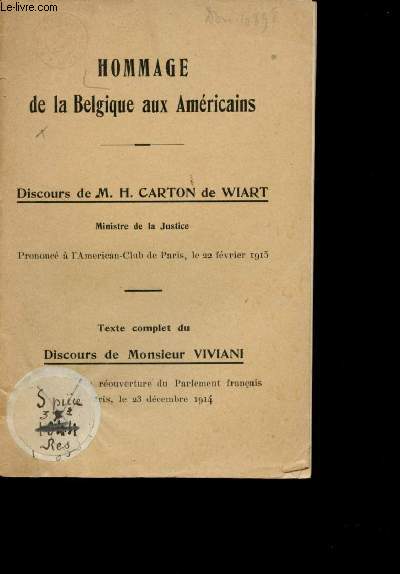 Discours de M.H Carton de Wiart et de Mr Viviani.