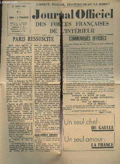 Journal Officiel des forces franaises de l'intrieur - n1 - 21 aoput 1944 -