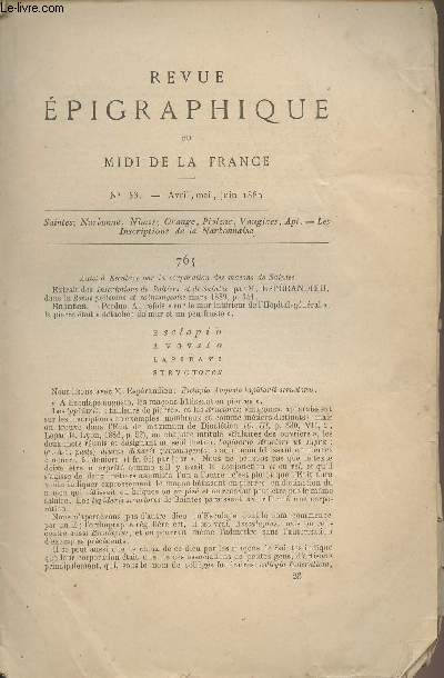 Revue Epigraphique du Midi de la France, n53 - Avril, mai, juin 1889 - Saintes - Narbonne - Nmes - Orange, Piolenc, Vaugines, Apt - Les inscriptions de la Narbonnaise.