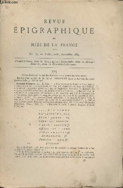 Revue Epigraphique du Midi de la France, n54 - Juil. aot sept. 1889 - Grand-Villars, dans le Jura - Lyon - Bellecombe, dans la Drme - Saintes, dans la Charente-Infrieure.