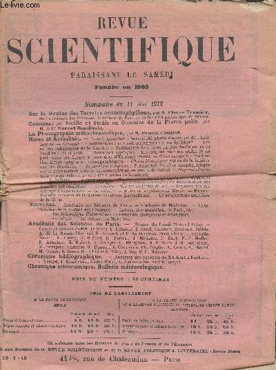 Revue scientifique paraissant le samedi fonde en 1863 - N19 (1er semestre) 50e annr - 11 mai 1912-