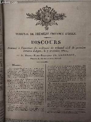 Tribunal de Premire Instance d'Agen - Discours prononc  l'ouverture des audiences du tribunal civil de premire instance d'Agen, le 7 novemebre 1822 par M. Henri-Pons-Franois de Groussou
