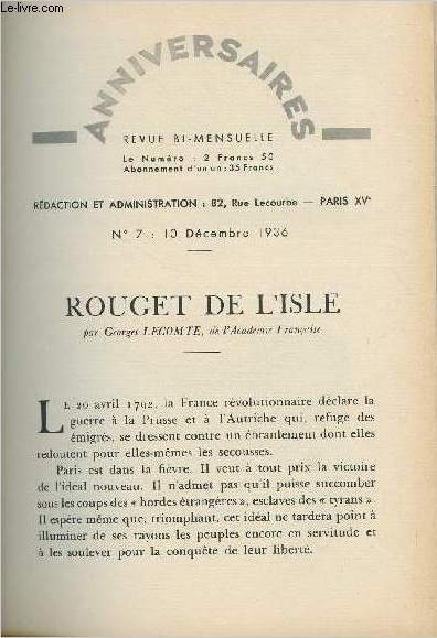 Rouget de l'Isle - Anniversaire, revue bi-mensuel, n7 10 dcembre 1936