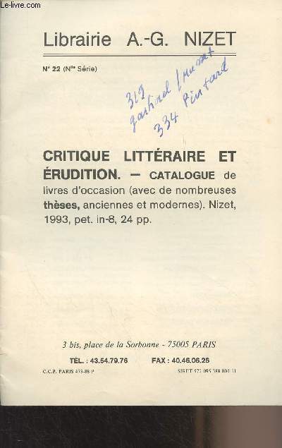 Librairie A.-G. Nizet - Catalogue - n22 (nlle srie) - Critique littraire et rudition