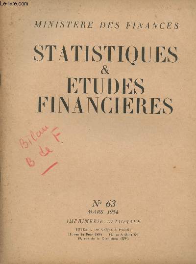 Statistiques & tudes financires - Ministre de finances - N63 Mars 1954 -