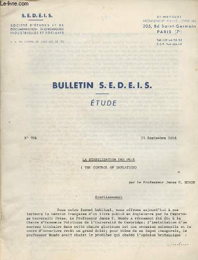 Bulletin S.E.D.E.I.S. Etude n704 - 15 septembre 1958 - La stabilisation des prix (The controle of inflation)