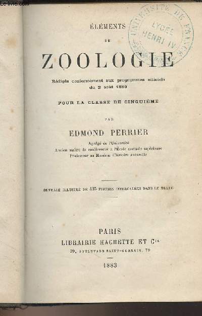 Elments de zoologie (Rdigs conformment aux programmes officiels du 2 aot 1880 pour la classe de cinquime)