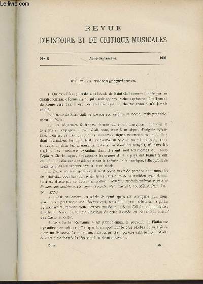 Revue d'histoire et de critique musicales - 1re anne - N8, aot-sept. 1901 - Dr. Wagner : Thses grgoriennes - J. Thibaut : Assimilation des 