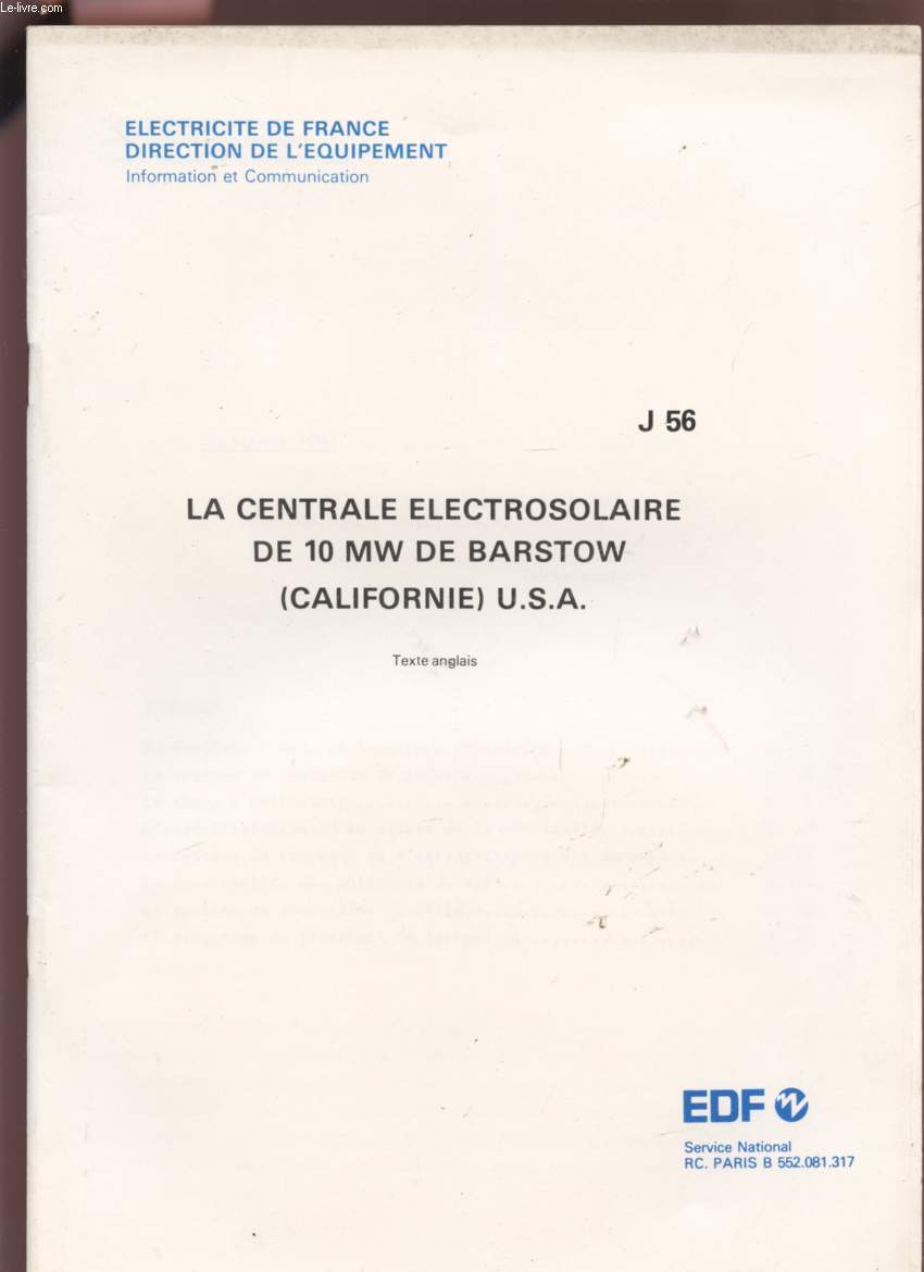 LA CENTRALE ELECTROSOLAIRE DE 10 MW DE BARSTOW (CALIFORNIE) U.S.A. - SEPTEMBRE 1980 - J56 (TEXTE EN ANGLAIS).