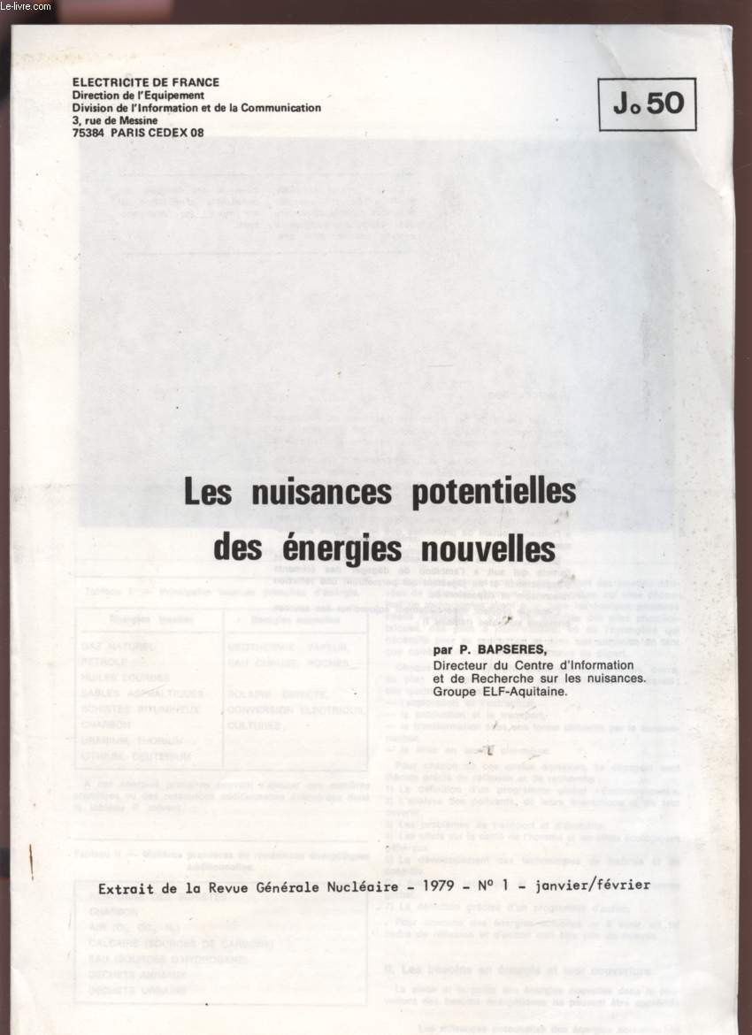 LES NUISANCES POTENTIELLES DES ENERGIES NOUVELLES - EXTRAIT DE LA REVUE GENERALE NUCLEAIRE - 1979 - N1 - JANVIER / FEVRIER - Jo50.