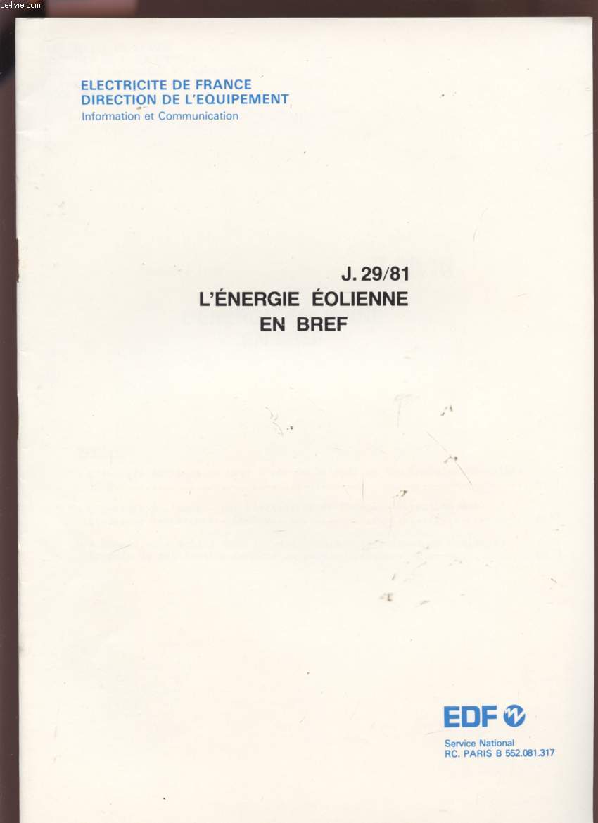 L'ENERGIE EOLIENNE EN BREF - DECEMBRE 1980 - J29/81.