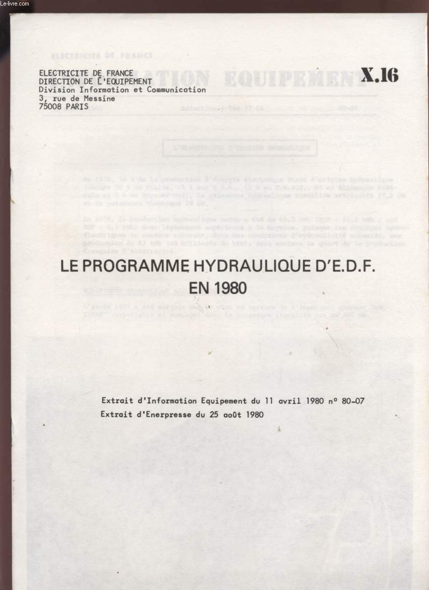 LE PROGRAMME HYDRAULIQUE D'E;d;f; EN 1980 - W16.