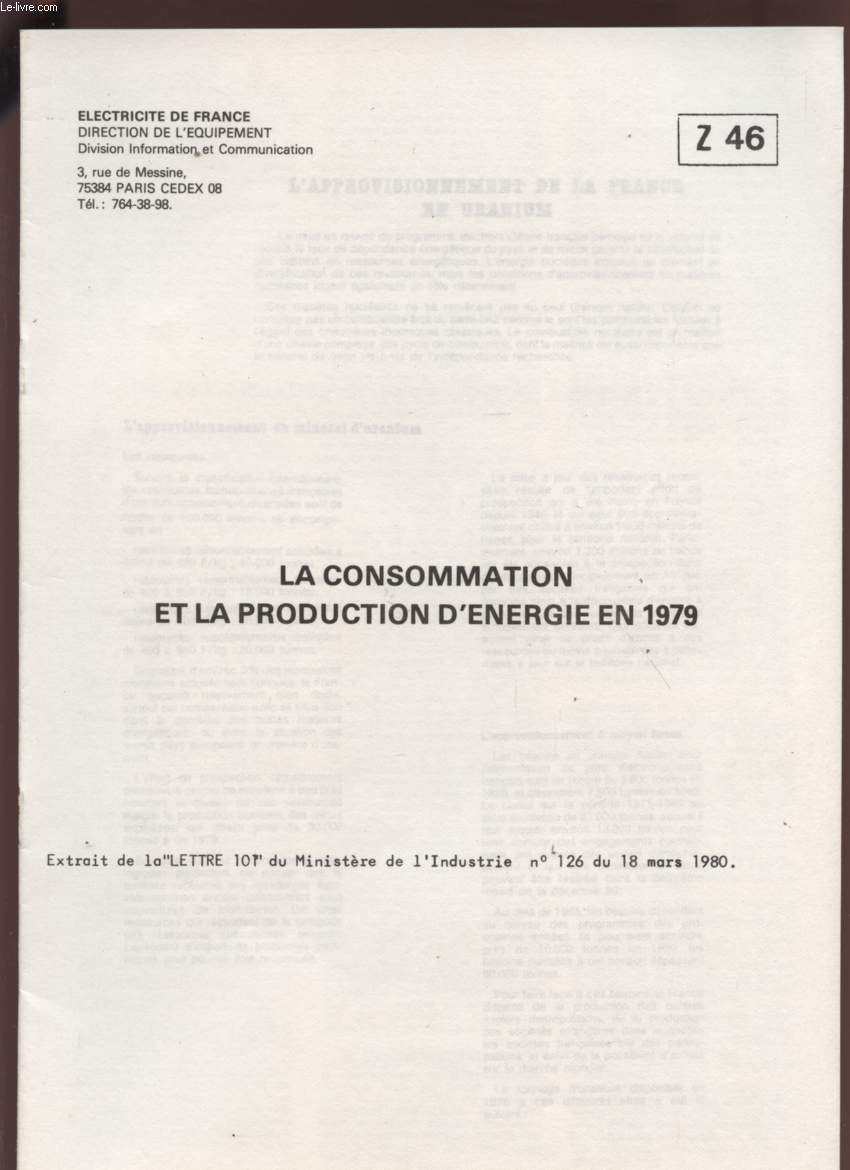LA CONSOMMATION ET LA PRODUCTION D'ENERGIE EN 1979 - Z46.