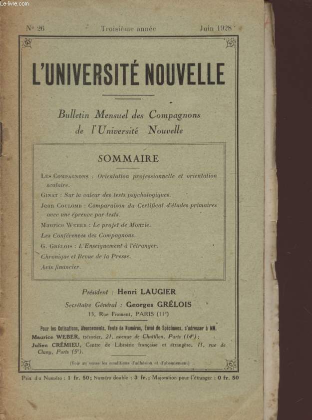 L'UNIVERSITE NOUVELLE - BULLETIN MENSUEL DES COMPAGNONS DE L'UNIVERSITE NOUVELLE - N26 - TROIXIEME ANNEE - JUIN 1928.
