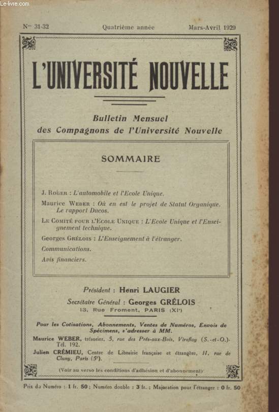 L'UNIVERSITE NOUVELLE - BULLETIN MENSUEL DES COMPAGNONS DE L'UNIVERSITE NOUVELLE - N31-32 - QUATRIEME ANNEE - MARS-AVRIL 1929.