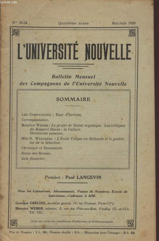 L'UNIVERSITE NOUVELLE - BULLETIN MENSUEL DES COMPAGNONS DE L'UNIVERSITE NOUVELLE - N33 - 34 - QUATRIEME ANNEE - MAi - JUIN 1929.