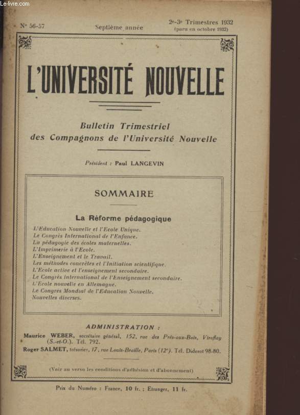 L'UNIVERSITE NOUVELLE - BULLETIN MENSUEL DES COMPAGNONS DE L'UNIVERSITE NOUVELLE - N56 - 57 - SEPTIEME ANNEE - 2eme et 3eme TRIMESTRES 1932 (PARU EN OCTOBRE 1932).