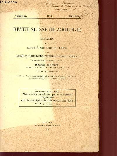 REVUE SUISSE DE ZOOLOGIE - ANNALES DE LA SOCIETE ZOOLOGIQUE SUISSE ET DU MUSEUM D'HISTOIRE NATURELLE DE GENEVE / VOLUME 31 - N2 - MAI 1924.