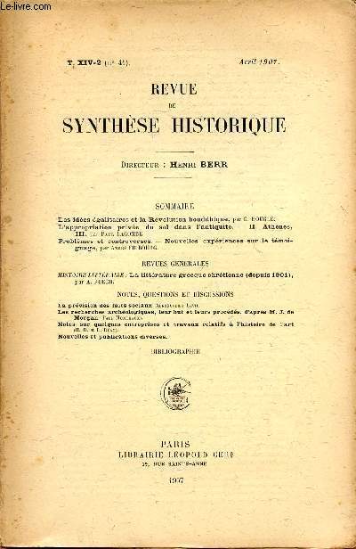 REVUE DE SYNTHESE HISTORIQUE / TOME XIV-2 (N41) - AVRIL 1907.