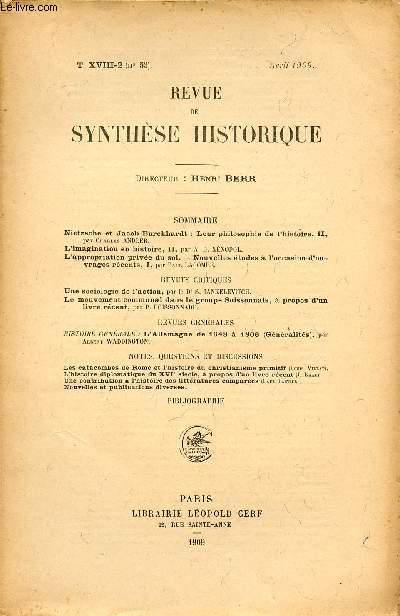 REVUE DE SYNTHESE HISTORIQUE / TOME XVIII-2 (N53) - AVRIL 1909.