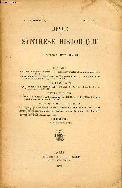REVUE DE SYNTHESE HISTORIQUE / TOME XVIII-3 (N54) - JUIN 1909.