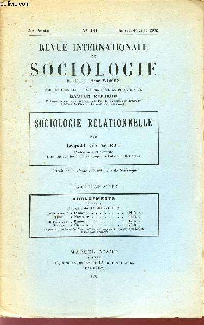 REVUE INTERNATIONALE DE SOCIOLOGIE / 40 ANNEE - NI-II / JANVIER-FEVRIER 1932 / SOCIOLOGIE RELATIONNELE (EXTRAIT).