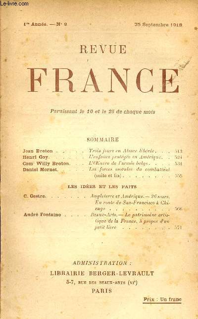 REVUE FRANCE / 1ere ANNEE - N 9 - 25 SEPTEMBRE 1918.