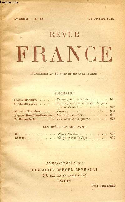 REVUE FRANCE / 1ere ANNEE - N 11 - 25 OCTOBRE 1918.