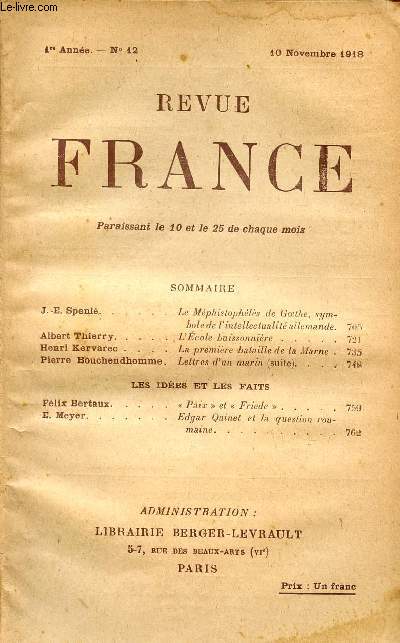 REVUE FRANCE / 1ere ANNEE - N 12 - 10 NOVEMBRE 1918.