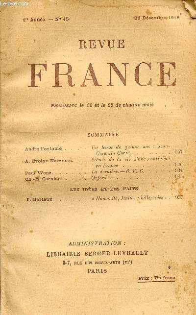 REVUE FRANCE / 1ere ANNEE - N 15 - 25 DECEMBRE 1918.