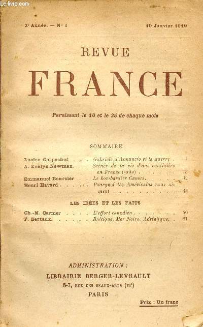 REVUE FRANCE / 2me ANNEE - N 1 - 10 JANVIER 1919.