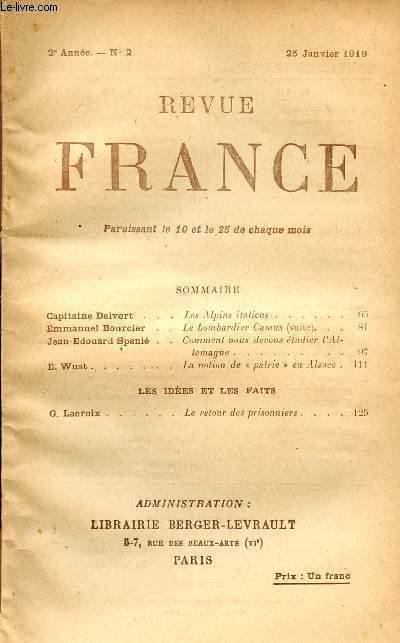 REVUE FRANCE / 2me ANNEE - N 2 - 25 JANVIER 1919.
