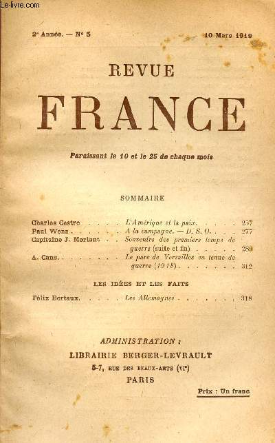 REVUE FRANCE / 2me ANNEE - N 5 - 0 PARS 1919.